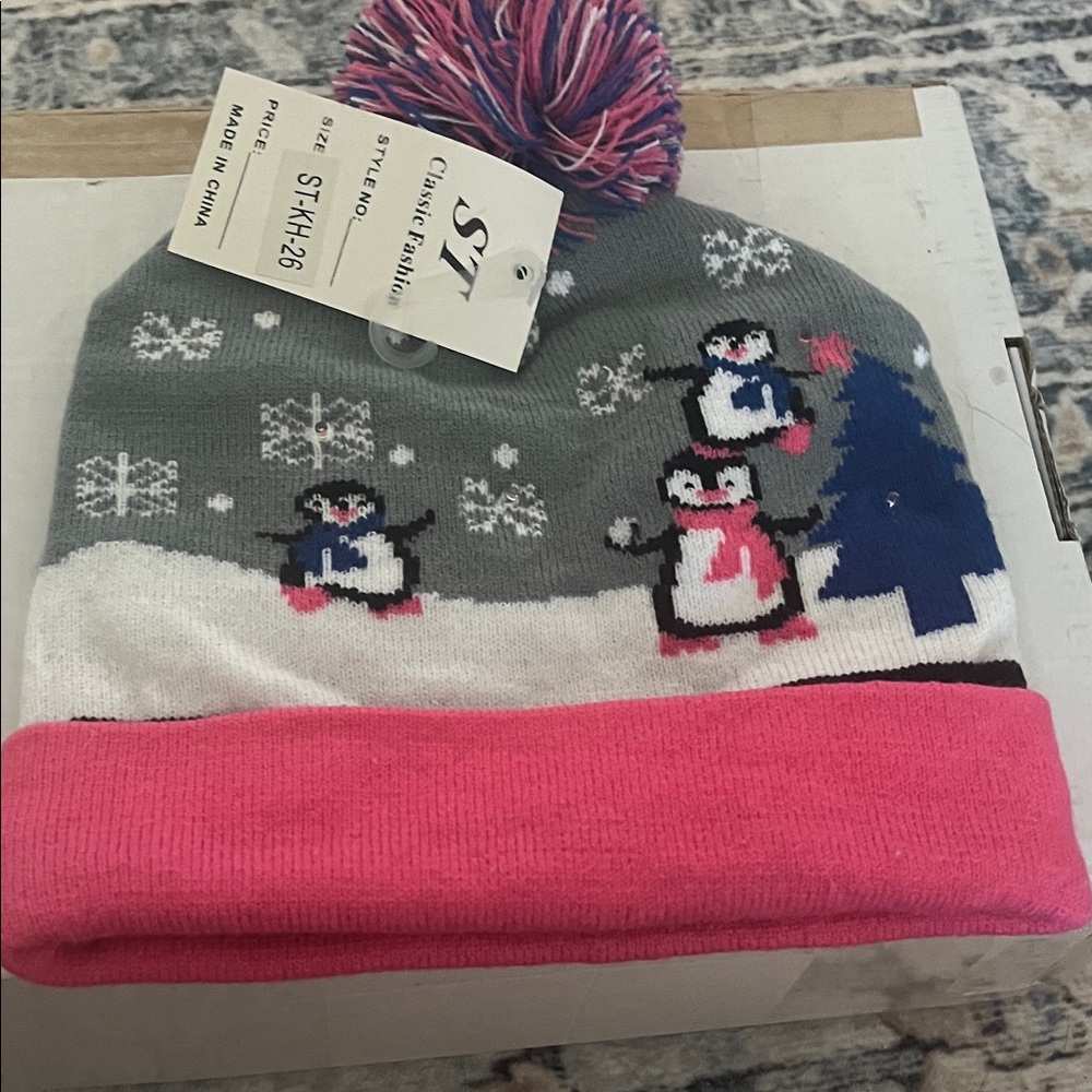 Kids' Pink and Gray Penguin Beanie, with lights NWT - Picture 1 of 5